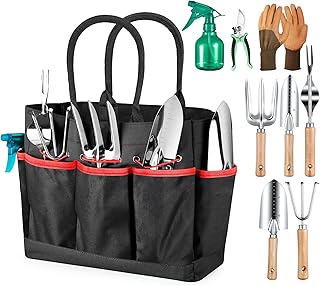 Grenebo 9-Piece Gardening Tools Set with Fashion Handbag, Black Red