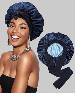 Satin Bonnet Silk Bonnet for Sleeping - Double Layer Hair Bonnet with Elastic Tie Band for Curly Hair Night Cap (Navy Blue + Light Blue)