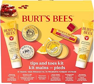 Burt's Bees Tips and Toes Kit Gift Set, 6 Travel Size Products | Pomegranate Moisturizing Lip Balm, 2 Hand Creams, Foot Cream, Cuticle Cream, and Hand Salve, Skin Care Essentials