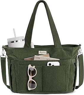 Bagstellar Corduroy Tote Bag for Women, 17 Pockets Laptop Work Tote Purse | Large Teacher Nurse School Bag with 40oz Cup Holder & Strap, Zipper Shoulder Bag Handbag for Travel College Bible Office Gift