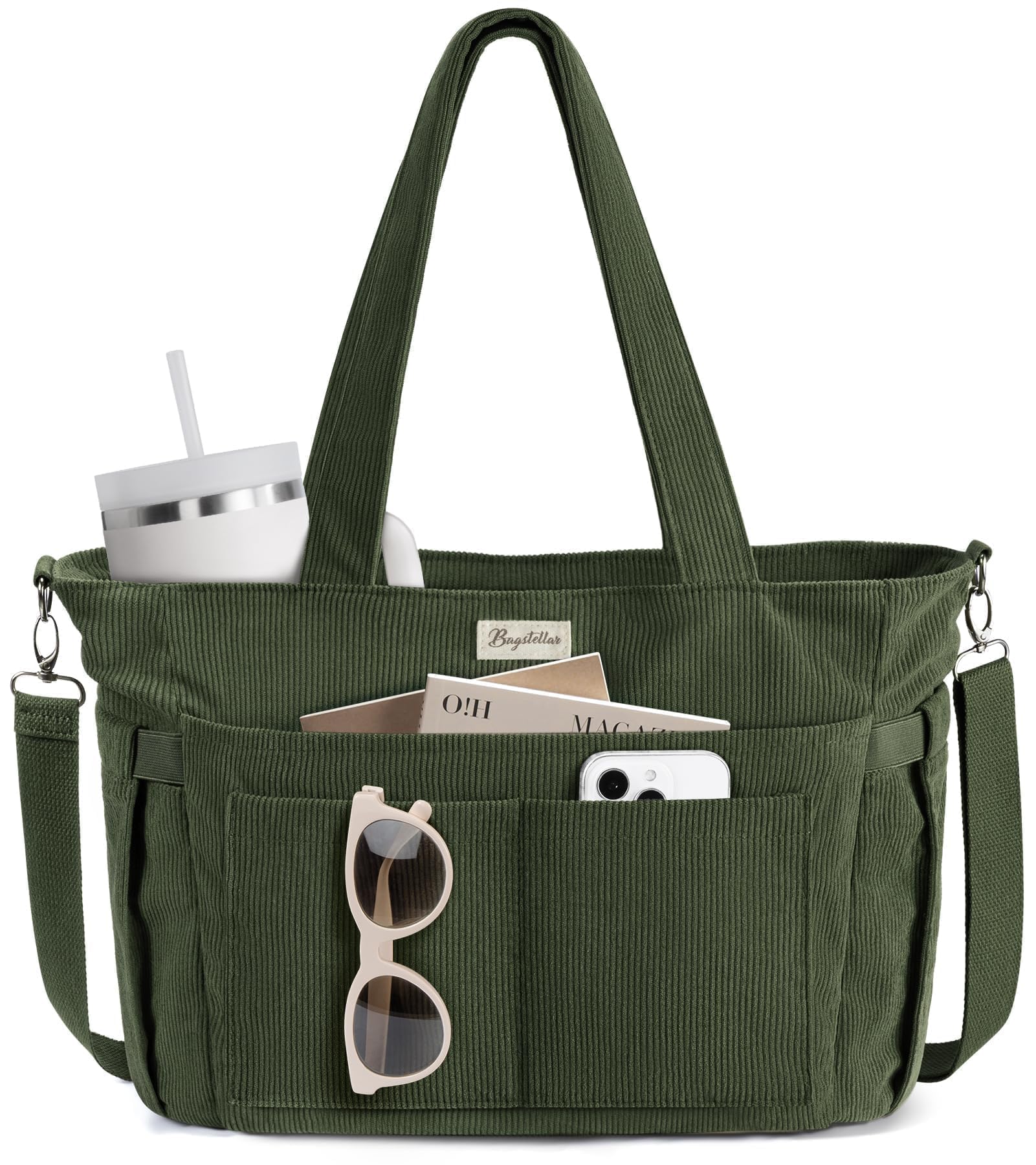 Bagstellar Corduroy Tote Bag for Women, 17 Pockets Laptop Work Tote Purse | Larg