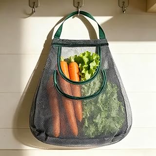 1 Pack Reusable Mesh Produce Bag, Hanging Wall Mounted Vegetable Fruit Storage Organizer for Onion, Garlic, Ginger, Breathable Kitchen Pantry Storage Sack, 10.6x11.8 Inches, Green