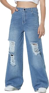 EXARUS Girls Jeans Wide Leg Baggy Pants Ripped Denim Teen 6-16Y