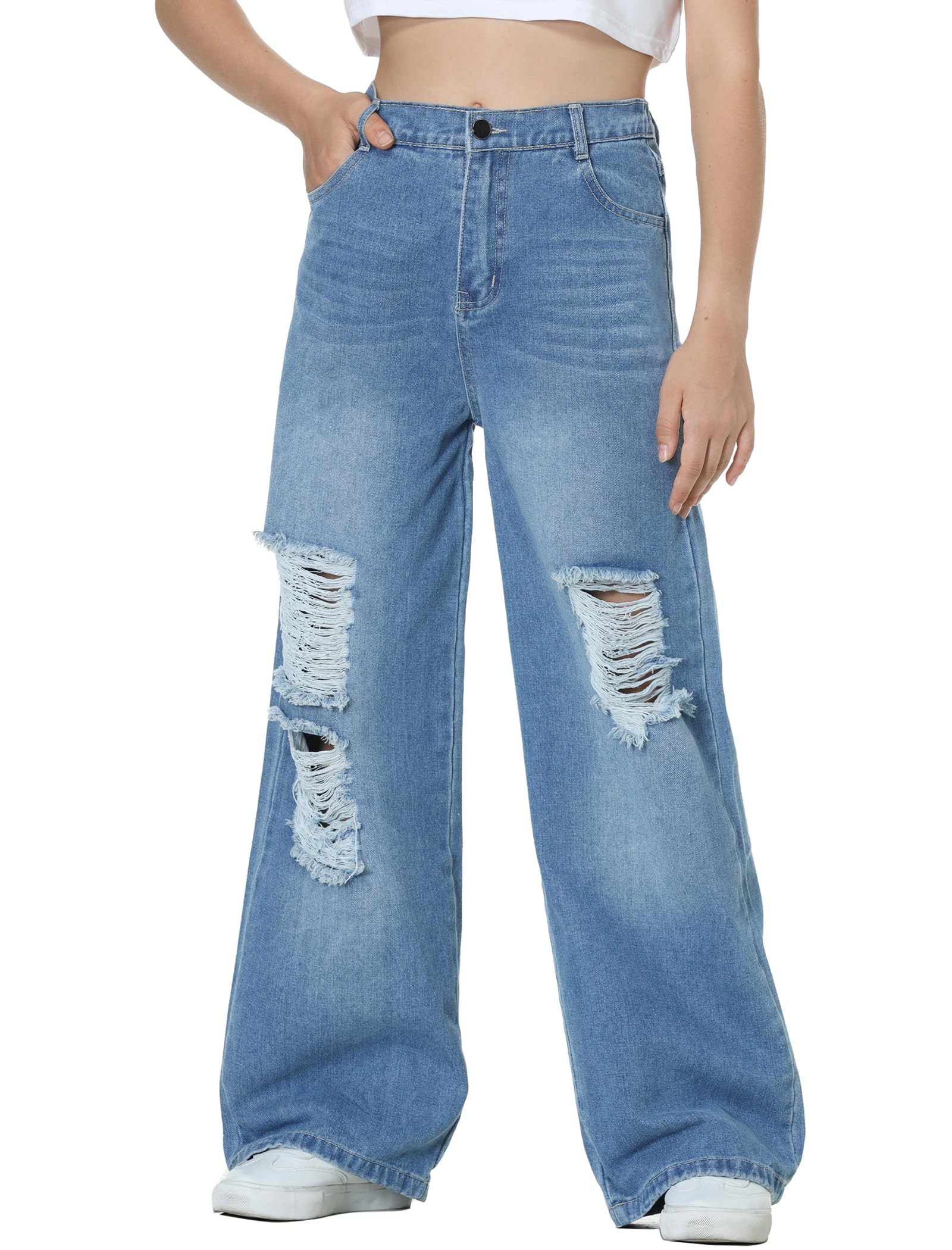 EXARUS Girls Jeans Wide Leg Baggy Pants Ripped Denim Teen 6-16Y