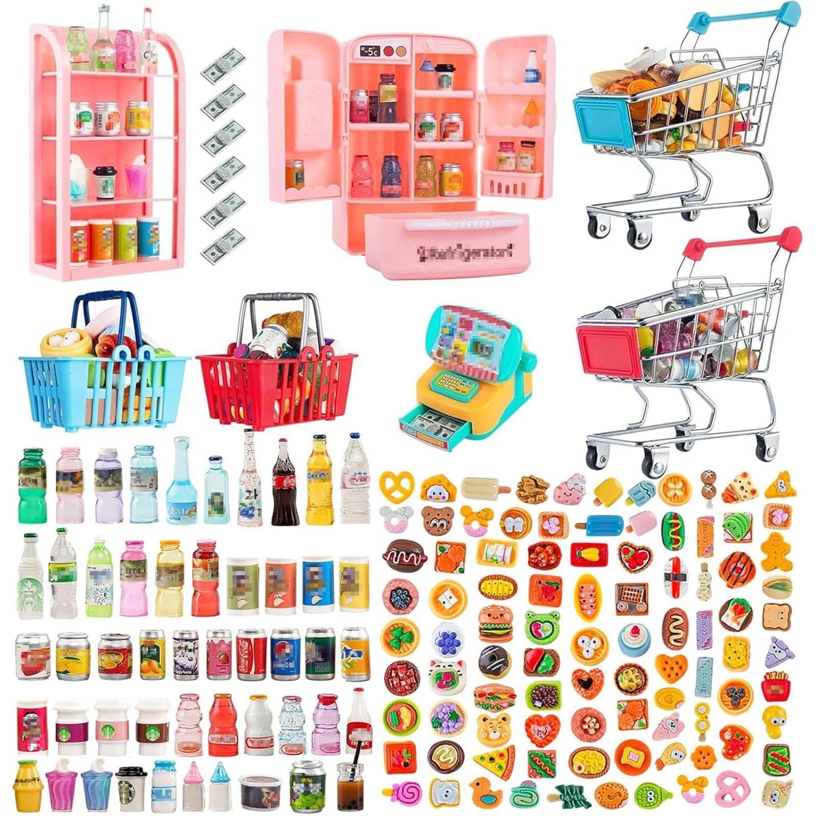 164Pcs Mini Shopping Cart Basket Miniature Food Drink Toy Supermarket Metal Hand