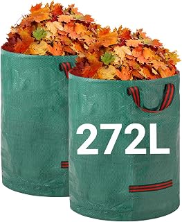 Velway 272L Heavy Duty Garden Waste Bags, 2 Pack Reusable Garden Sacks | 150gsm PP Leaf Bags with 4 Handles & Support Hoop Waterproof Bags for Grass, Weeds & Hedge Trimmings Cleanup Green