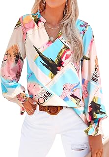 MASCOMODA Women Long Sleeve Floral V Neck Tops 2025 Summer Casual Loose Puff Sleeve Chiffon Boho Work Blouse Elegant T Shirts