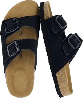 CUSHIONAIRE Logo 100% Genuine Leather Suede Slides for Women, Cushioned Cork Footbed Womens Sandals with Adjustable Buckles and Memory Foam