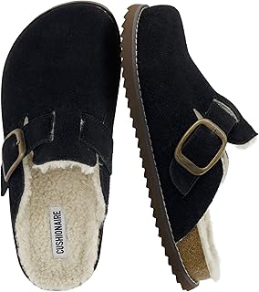 CUSHIONAIRE Blain Fur - Zoccoli da donna in vera pelle scamosciata, comode pantofole slip-on con cuciture dettagliate e comfort in memory foam