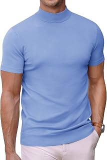 COOFANDY Turtle Neck T Shirts for Men UK Short Sleeve Knitted T-Shirt Summer Undershirt Roll Neck Tops Clear Blue L