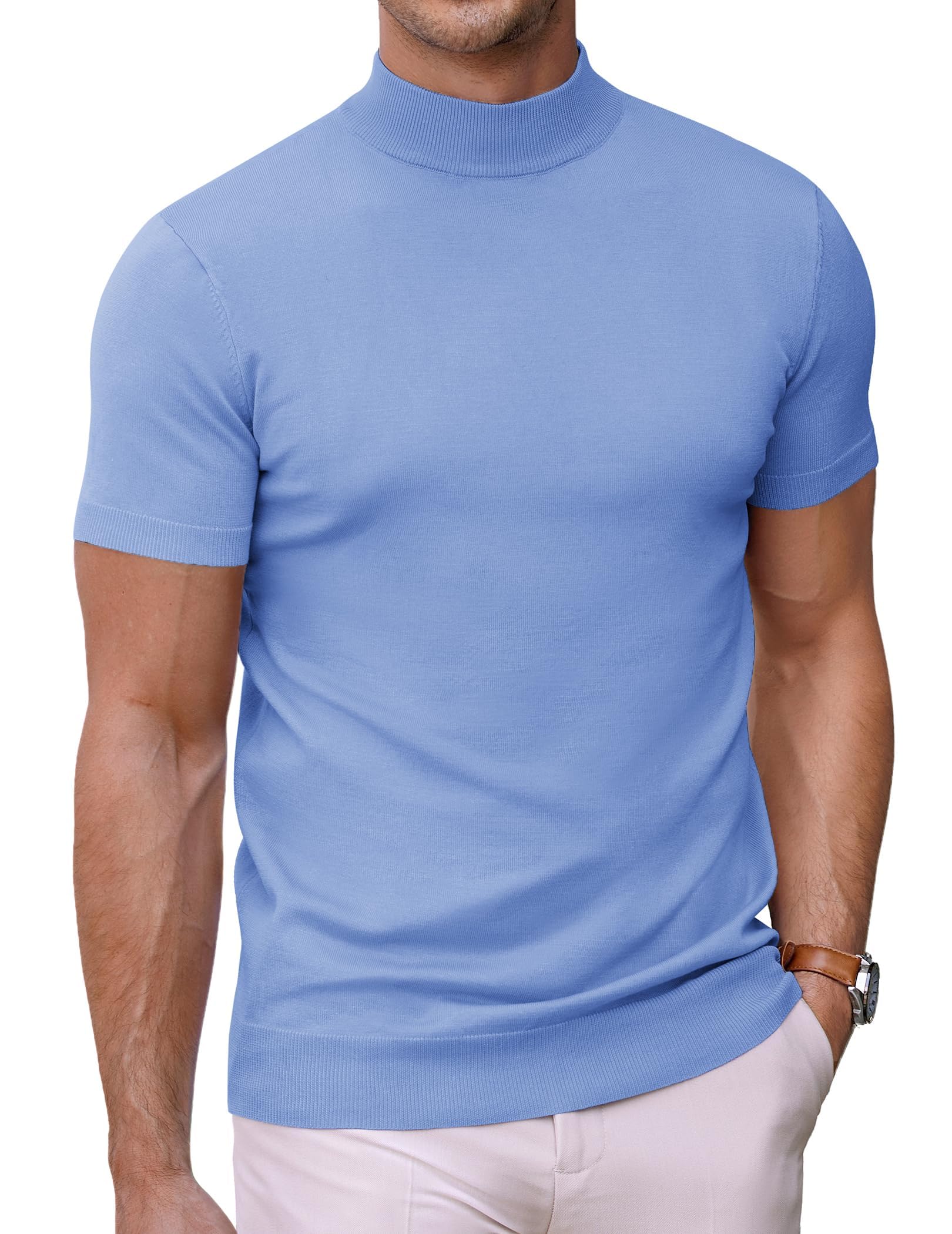 COOFANDY Turtle Neck T Shirts for Men UK Short Sleeve Knitted T-Shirt Summer Und