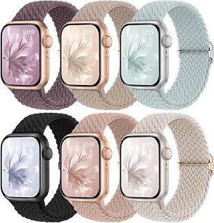 6 Pack Braided Stretchy Bands Compatible with Apple Watch Band Women Men | 38/40/40/42/44/45/46/49mm Adjustable Nylon Solo Loop Elastic Strap for iWatch Series 12 11 10 9 8 7 6 5 4 SE Ultra 4