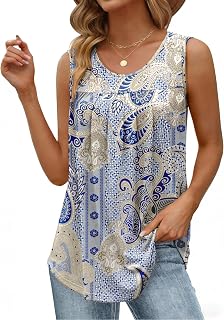 Zeagoo Women Summer Tank Tops Loose Fit Flowy Boho Pleated Sleeveless Shirts Crew Neck Dressy Casual Tunic Trendy Blouses