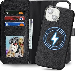 Detachable Genuine Leather Case for iPhone 15 Wallet Case Magnetic 2in1 Removable Flip Cover Book Purse Compatible with Magsafe Charging Kickstand Card Holder-Black
