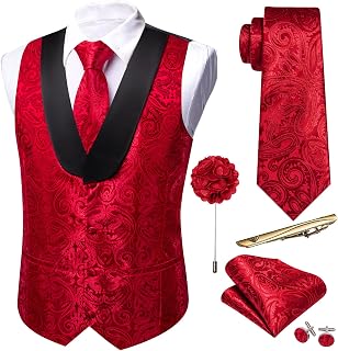 Barry.Wang Men's Paisley Vest Tie Set Silk Jacquard Flower Shawl Vest Tuxedo 6 Pieces Wedding Party