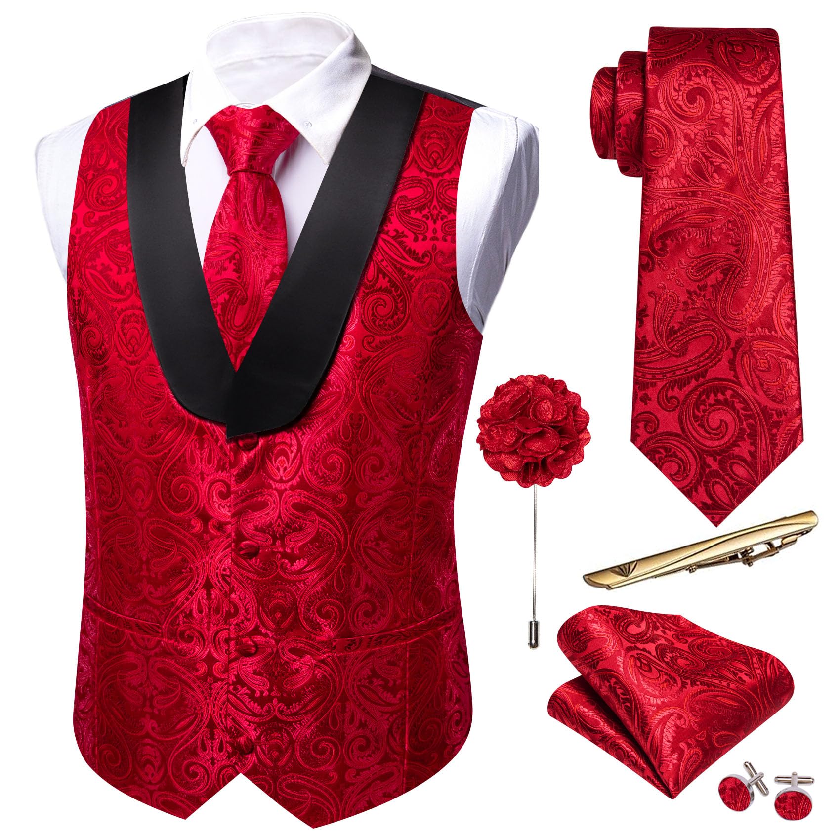 Barry.Wang Men's Paisley Vest Tie Set Silk Jacquard Flower Shawl Vest Tuxedo 6 P