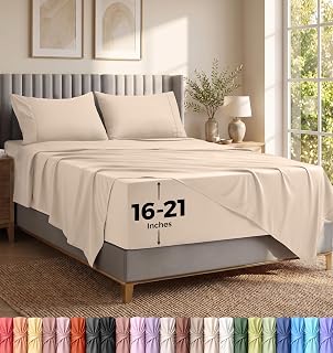 Utopia Bedding 4 Pcs Soft Microfiber Sheet Set with Deep Pockets, Embroidered Pillowcases, Fitted Sheet with Side Pockets, Flat Sheet (Beige)