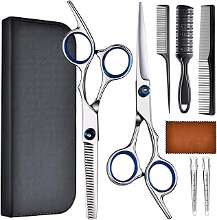Hair Cutting Scissors Set, 4Cr13MoV Cutting and Thinning Shears, 9-Piece | 9-piece haircut kit with cutting and thinning shears, 3 combs, 2 clips, cleaning cloth and storage case.