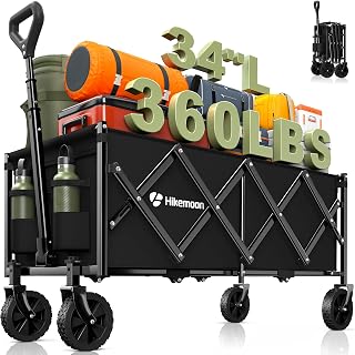 Hikemoon 34'' Extra Long Collapsible Wagons Carts Foldable, 360LBS Heavy Duty Folding Beach Wagon with Wheels, Portable Utility Outdoor Cart for Grocery, Garden, Sports, Camping, Black