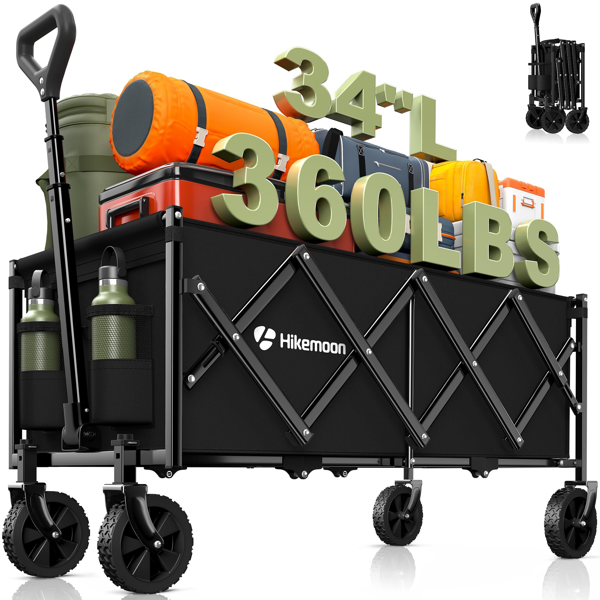 Hikemoon 34'' Extra Long Collapsible Wagons Carts Foldable, 360LBS Heavy Duty Fo