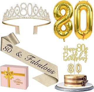 YeohJoy Gold 80th Birthday Decorations for Women | 80th Birthday Sash, Tiara, Cake Topper, Candles, Number Balloons, 80th Birthday Gifts for Women, Gold Party Supplies