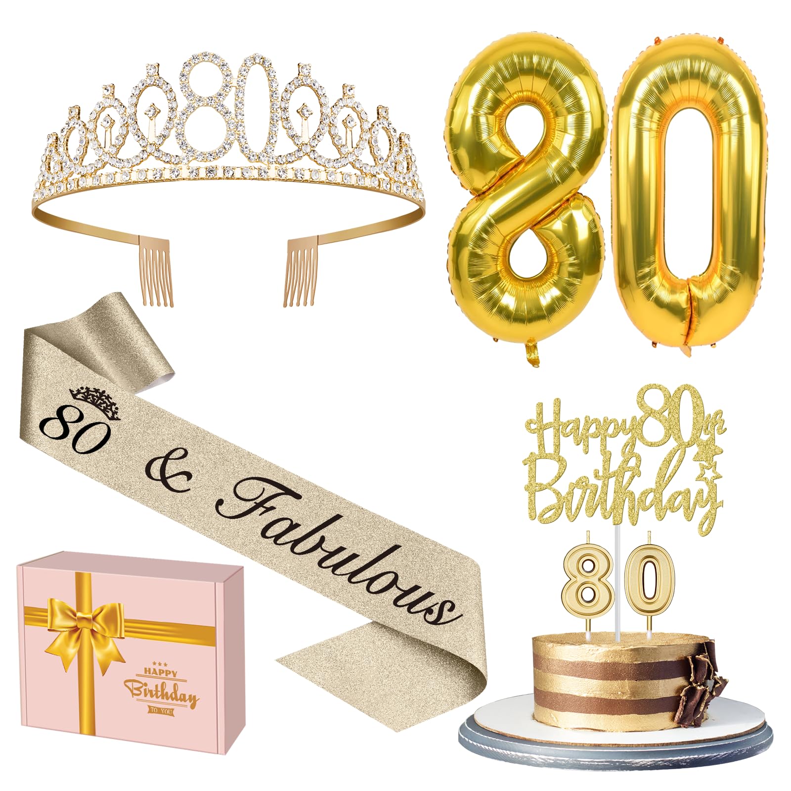 YeohJoy Gold 80th Birthday Decorations for Women | 80th Birthday Sash, Tiara, Ca