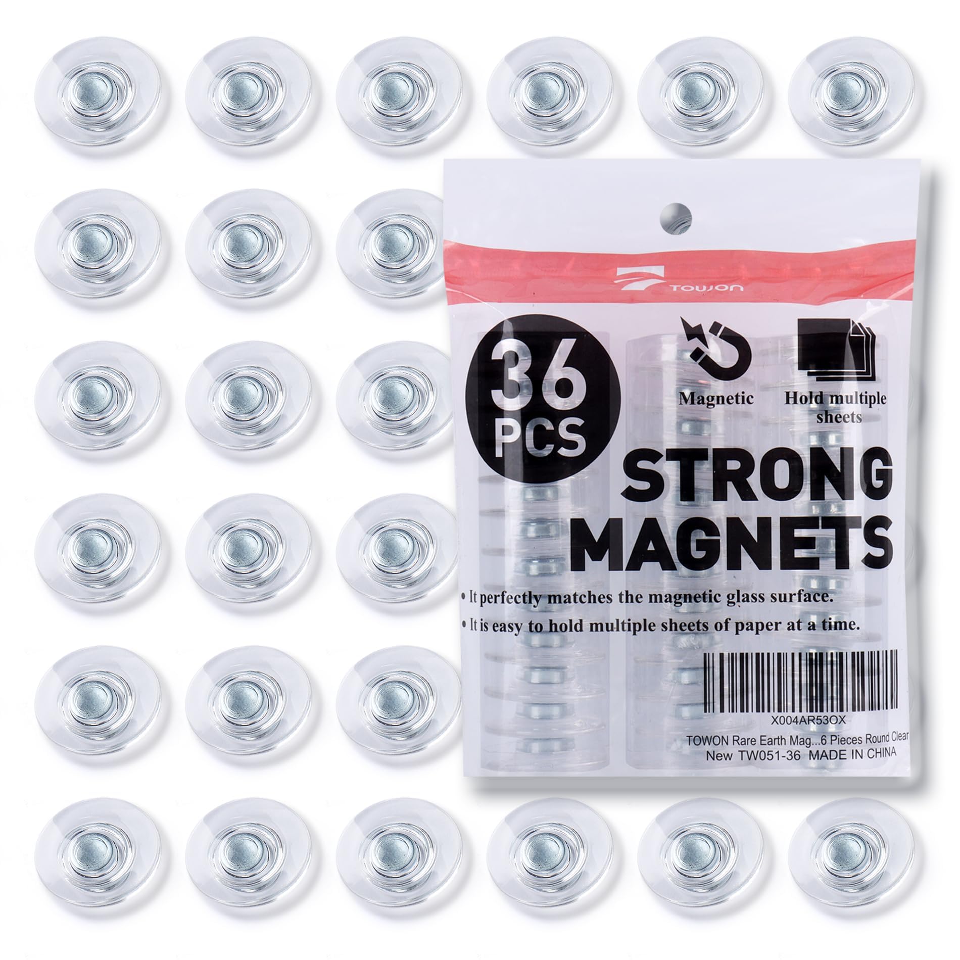 TOWON Rare Earth Magnets for Glass Whiteboard, 36 Pack Large Round Clear | Stron