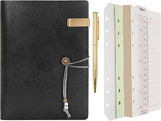 WONDERPOOL Leather Journal Lined Paper Notebook & Pen - Refillable 6 Ring Binder Writing Spiral Diary with Ruled Notepads Vintage Cover for Office Travel Work and Plan Agenda (a-Black, A5)