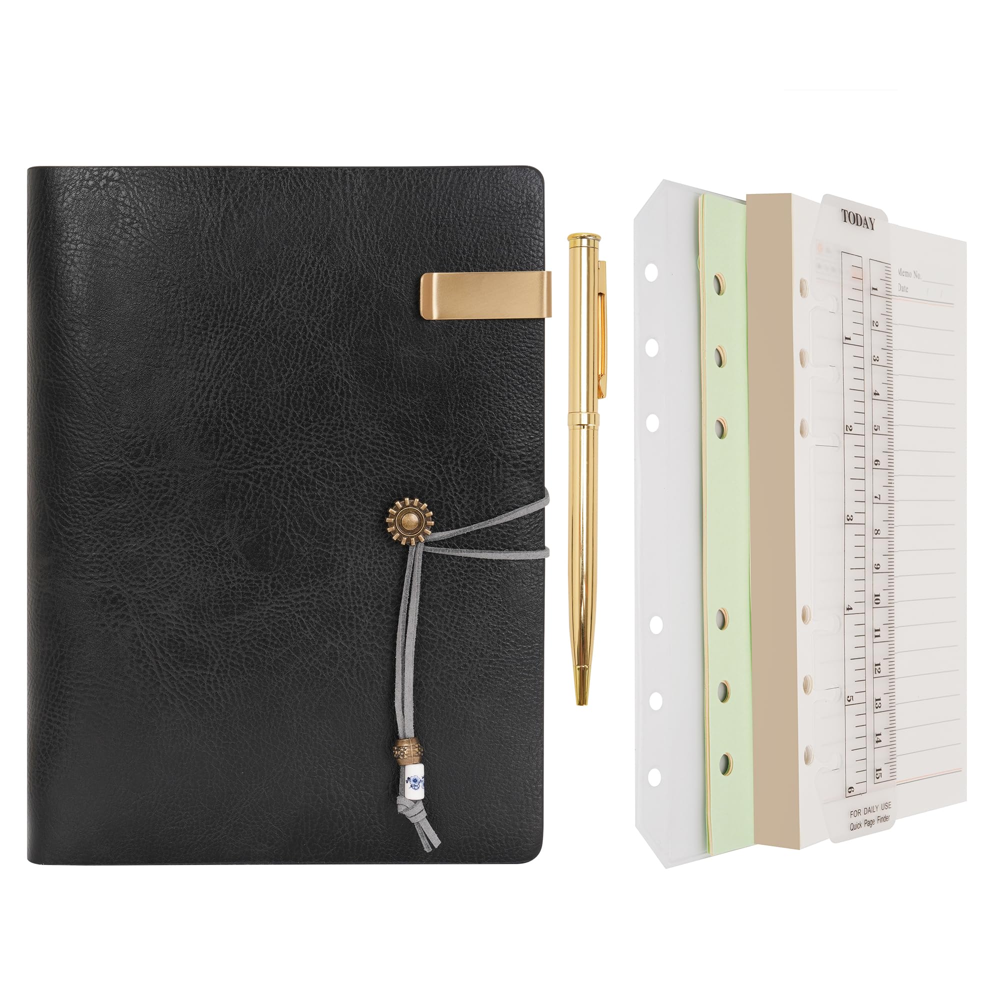 WONDERPOOL Leather Journal Lined Paper Notebook & Pen - Refillable 6 Ring Binder