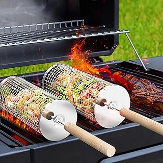 Rolling Grill Basket, BBQ Accessories Tools, Outdoor Camping, Gifts for Men | Removable Handle, 304 Stainless Steel, Garden Cooking Barbecue Vegetable Nesting Grilling Net, Dad Husband Birthday Presents