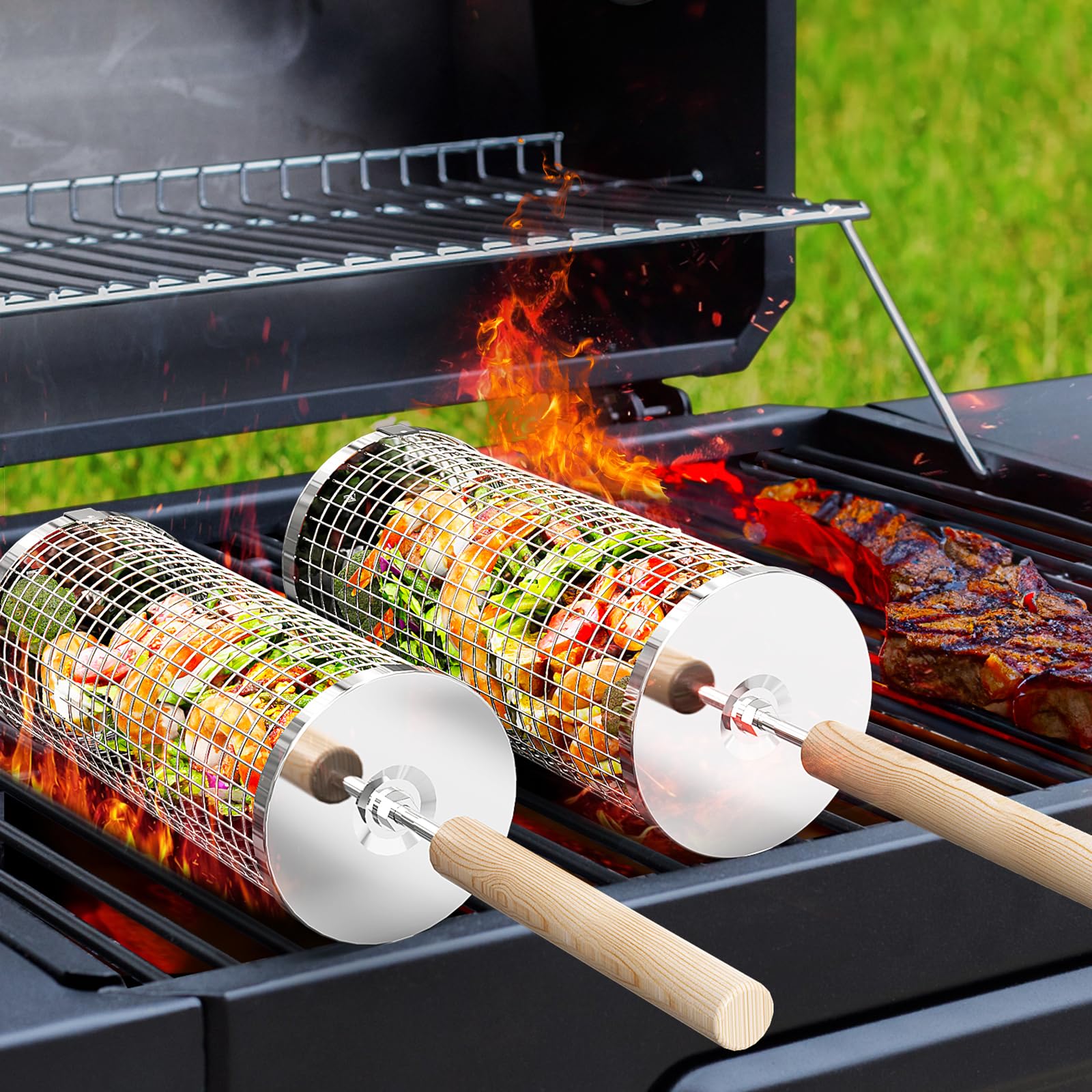 Rolling Grill Basket, BBQ Accessories Tools, Outdoor Camping, Gifts for Men | Re