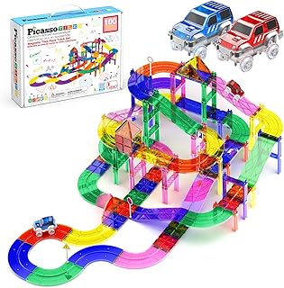 PicassoTiles 100 Piece Race Track Set, Magnetic STEM Toy, LED Cars, Ages 3+ | 36 columns, 6 slopes build 3D multi-level designs, adjustable road signs, universal compatibility with other brands, BPA-free