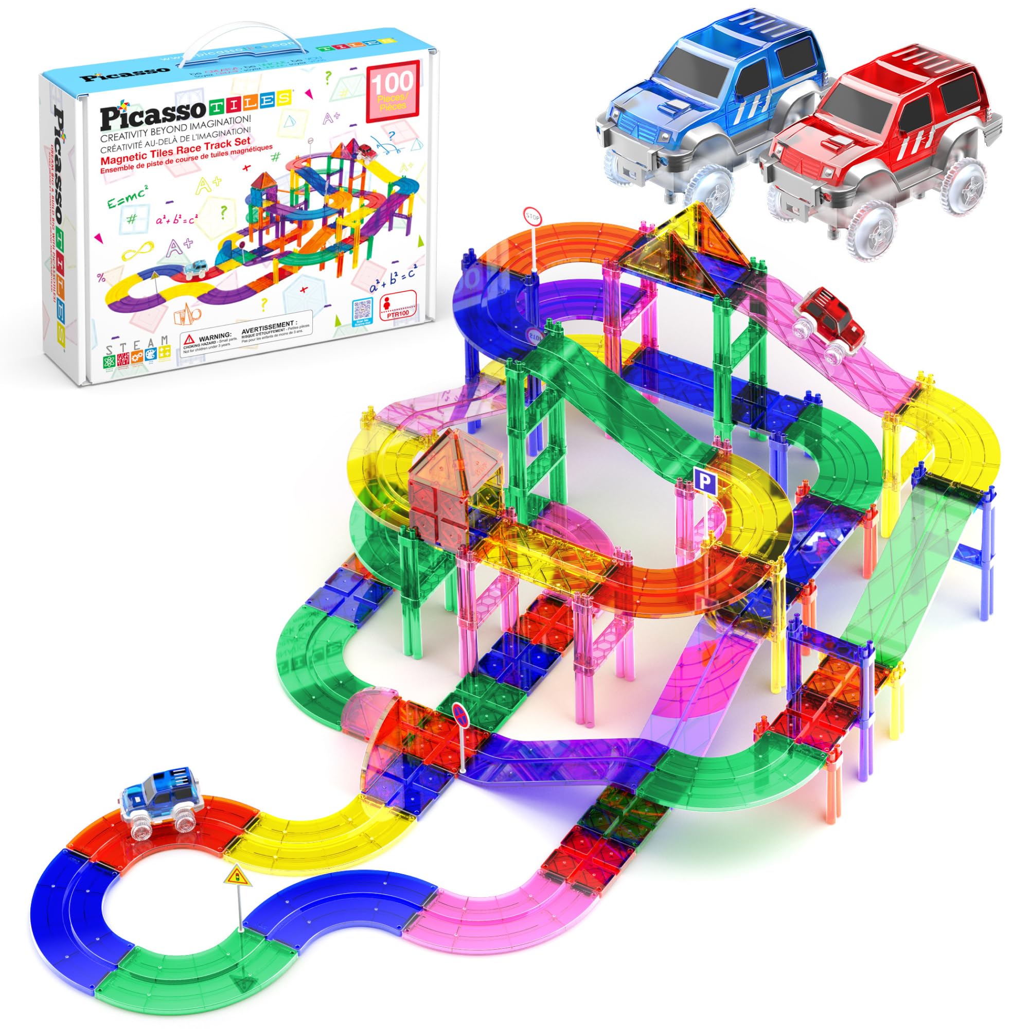 PicassoTiles 100 Piece Race Track Set, Magnetic STEM Toy, LED Cars, Ages 3+ | 36