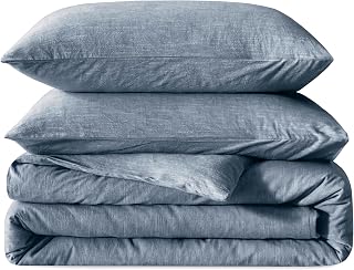 BFS Home - 3 Pieces Stone Washed Cotton Linen Duvet Cover Set Queen Breathable Skin Friendly Plush Textured Bedding Set (Peacock Blue, Queen)