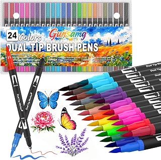 Gunsamg 24 Colours Dual Tip Colouring Pens, Fine & Brush Tip Coloured Pens