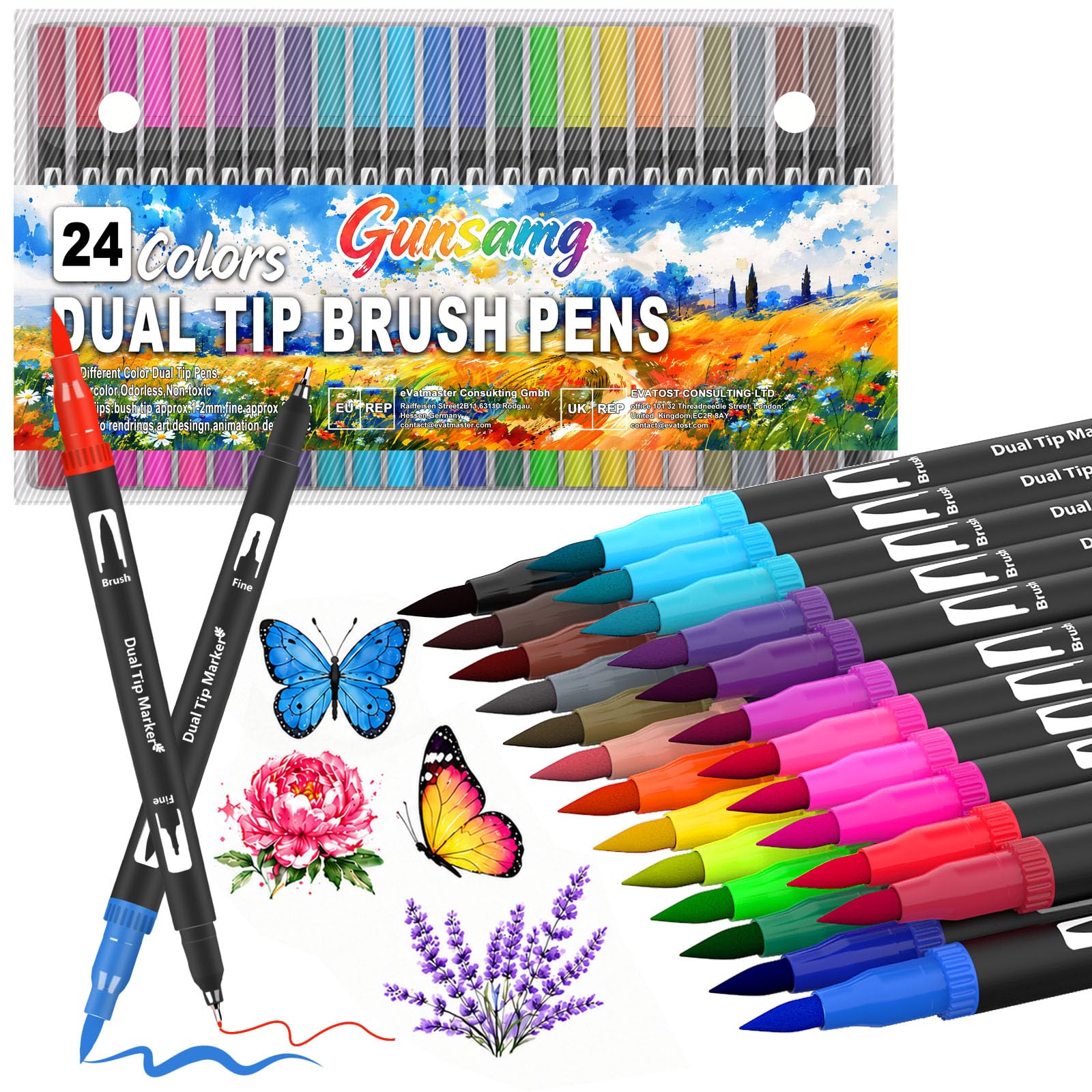 Gunsamg 24 Colours Dual Tip Colouring Pens, Fine & Brush Tip Coloured Pens