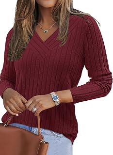 PLOKNRD Women's Sweater Lightweight V-Neck Long Sleeve Elegant Knitted Pullover Casual T-Shirt