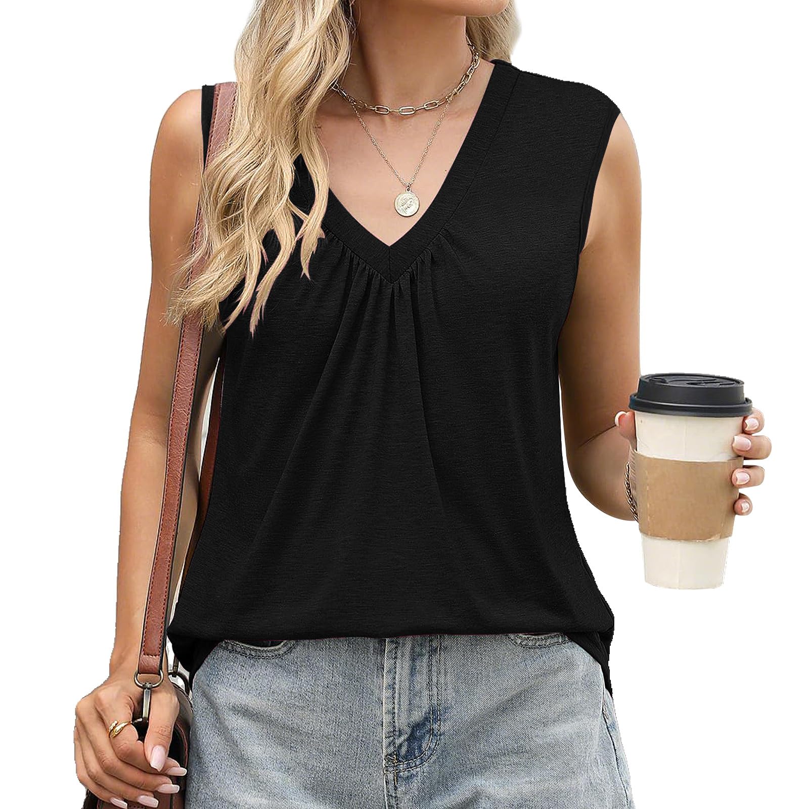 Women Tank Tops V Neck Sleeveless Tops Soft Basic Casual Loose Fit Tops
