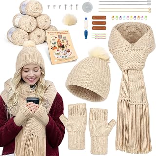 Katech Knitting Kit for Beginner- Learn to Knit Kit for Adults &amp; Kids | Complete Hat, Scarf, Gloves Starter Knitting Kit with Step-by-Step Video Tutorials-Ideal Gift