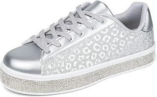 UUBARIS Women's Glitter Tennis Sneakers Neon Dressy Sparkly Sneakers Rhinestone Bling Wedding Bridal Shoes Shiny Sequin Shoes