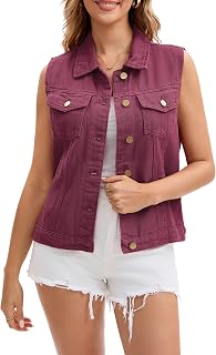 Women's Denim Vest Button Down Jacket W Chest Flap Pockets Washed Distressed Sleeveless Jean Jacket