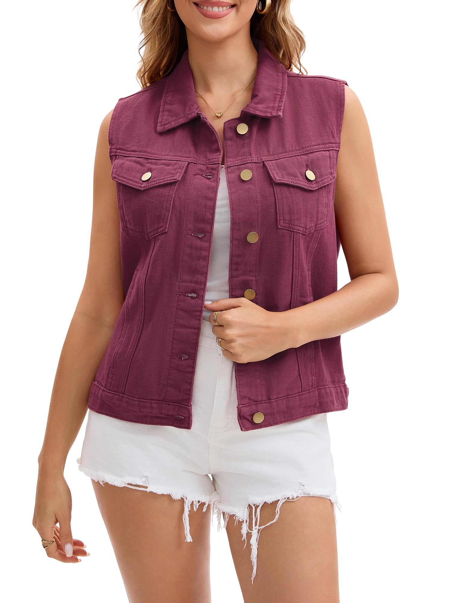 Women's Denim Vest Button Down Jacket W Chest Flap Pockets Washed Distressed Sle