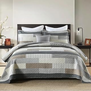 Finlonte Trapunta per letto queen size, 100% cotone, per letto queen size, grigio, nero, marrone, trapuntato, a quadri, leggero, reversibile, morbido, traspirante, set di biancheria da letto per tutte