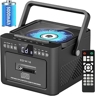 Sunoony Boombox Cassette CD Player Combo with Bluetooth, 5000mAh Battery | Rechargeable Cd and Cassette Player for Home,FM Radio/Remote Control/Tape Recording/AUX/TF/USB/Earphone Jack for Kids, Gift