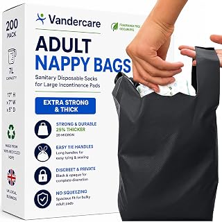 Adult Nappy Bags | 100 Pack | Sanitary Disposable Sacks for Large Incontinence Pads | 25% Thicker | Easy Tie Handles | Bag Extra Strong Thick | Fragrance Free Odourless Discrete