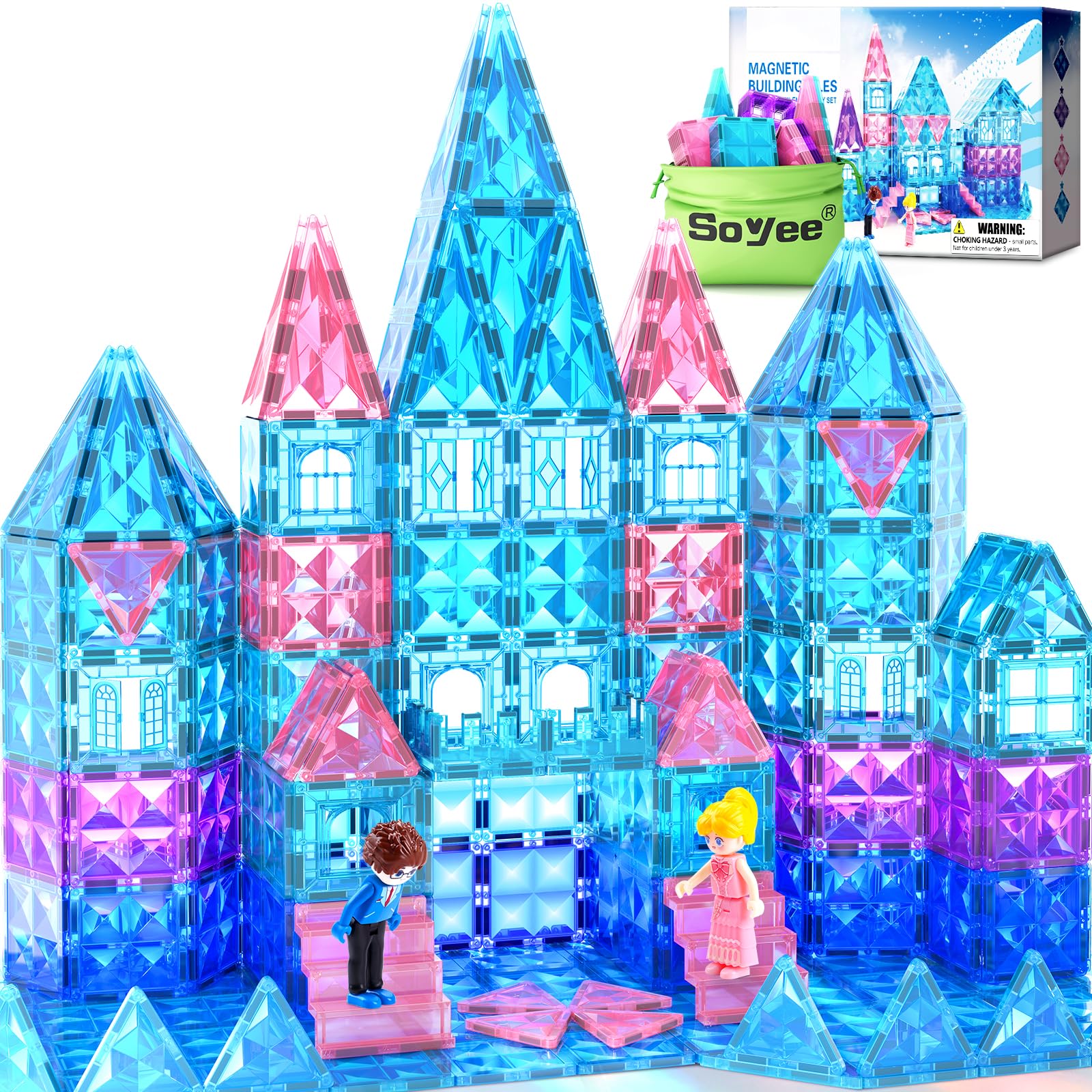 Magnetic Tiles 102pcs with 2 Stairs 2 Dolls Princess Castle Building Toys | Girl