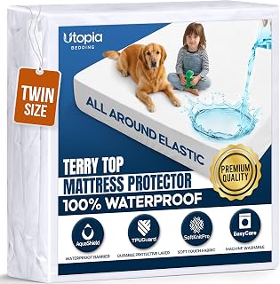 Waterproof Twin Size Mattress Protector fits Upto 15" Deep Pocket | Utopia Bedding 200 GSM Soft & Breathable Mattress Cover, Dirt-Proof, Noiseless, Machine Washable Fitted Sheet Style, White
