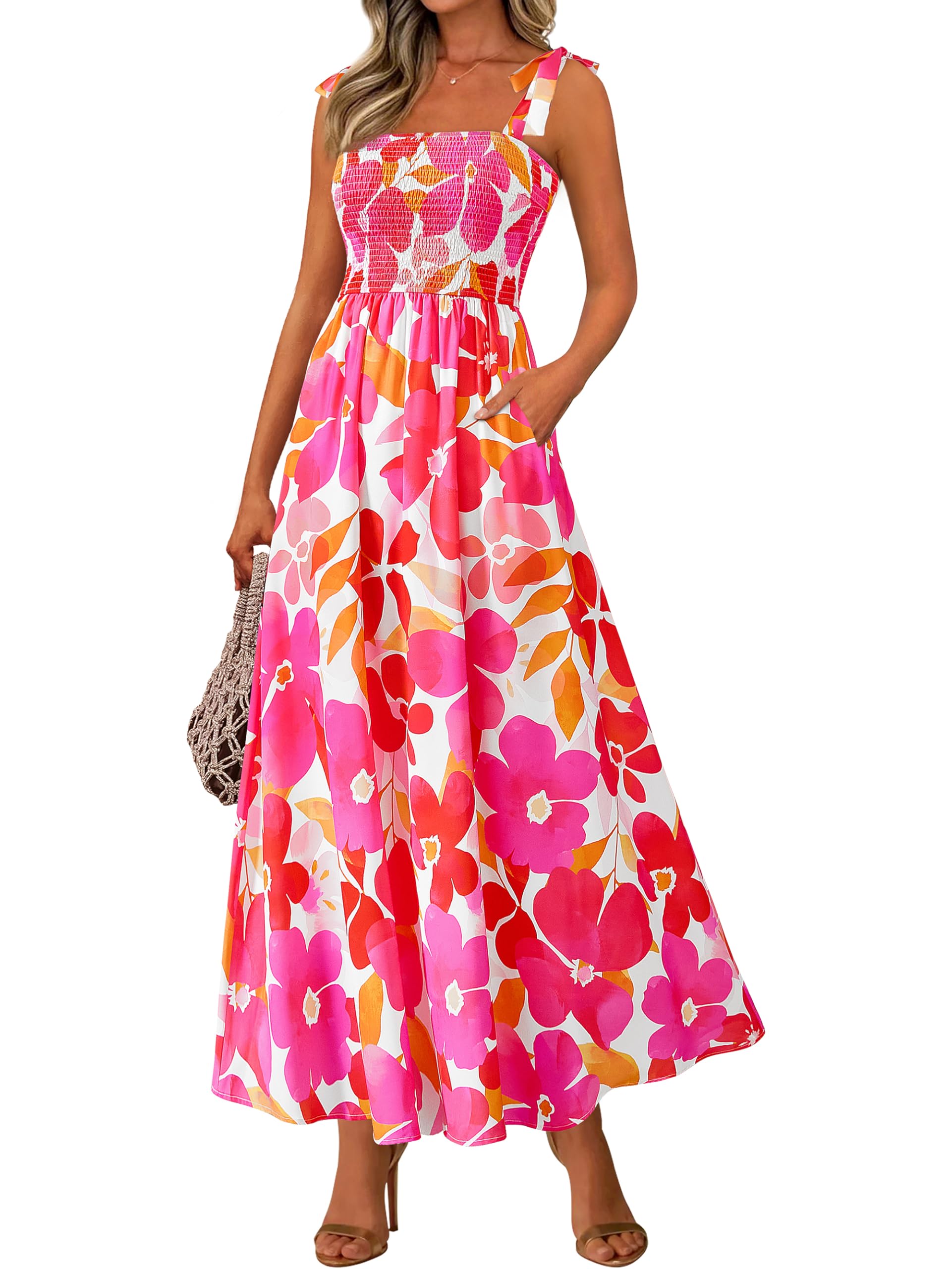 PRETTYGARDEN Womens Summer Dress Floral Smocked Maxi Dresses Beach Sundress