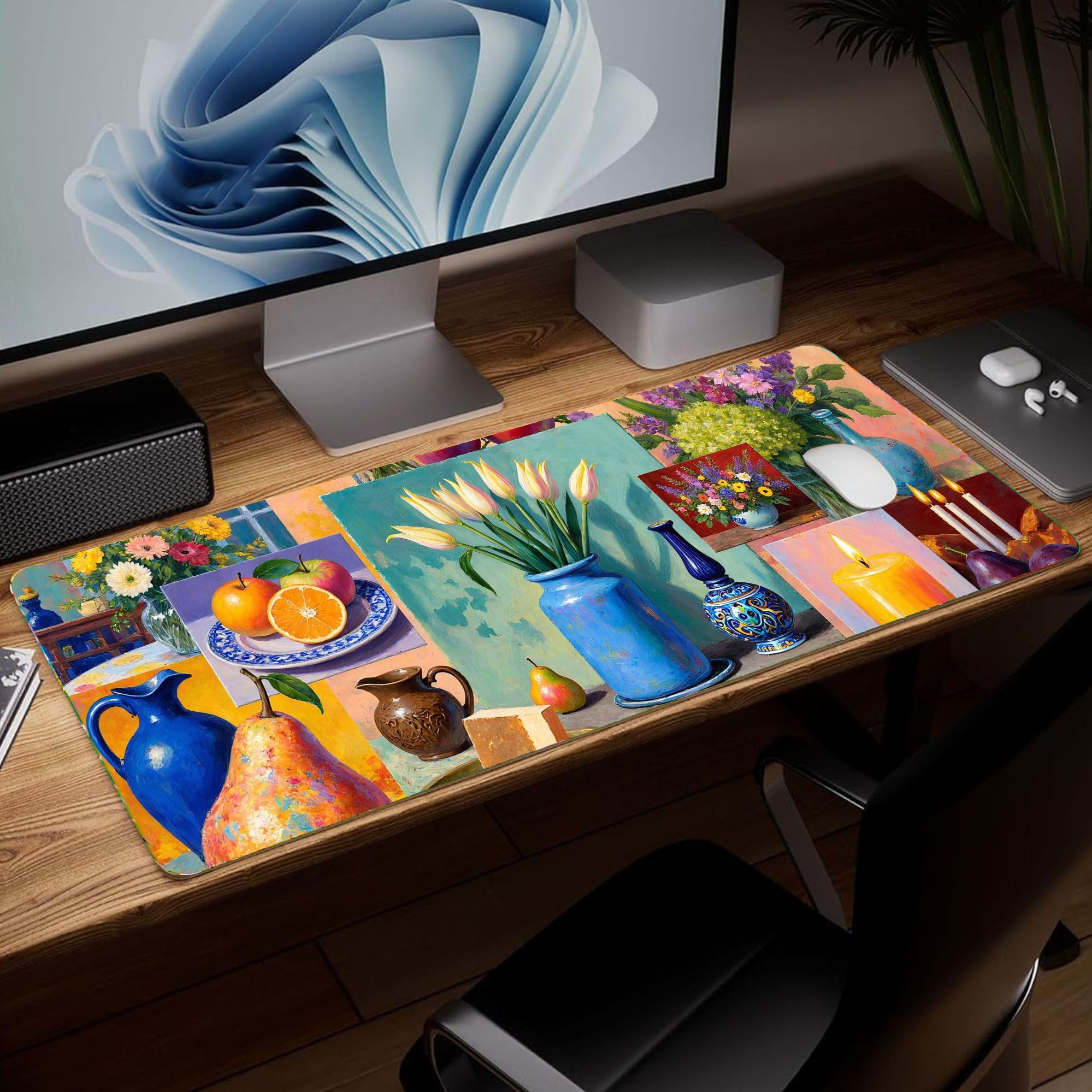 Leather Plant Desk Pad, Colorful Art Mouse Pad Large Computer Keyboard Gaming Mo