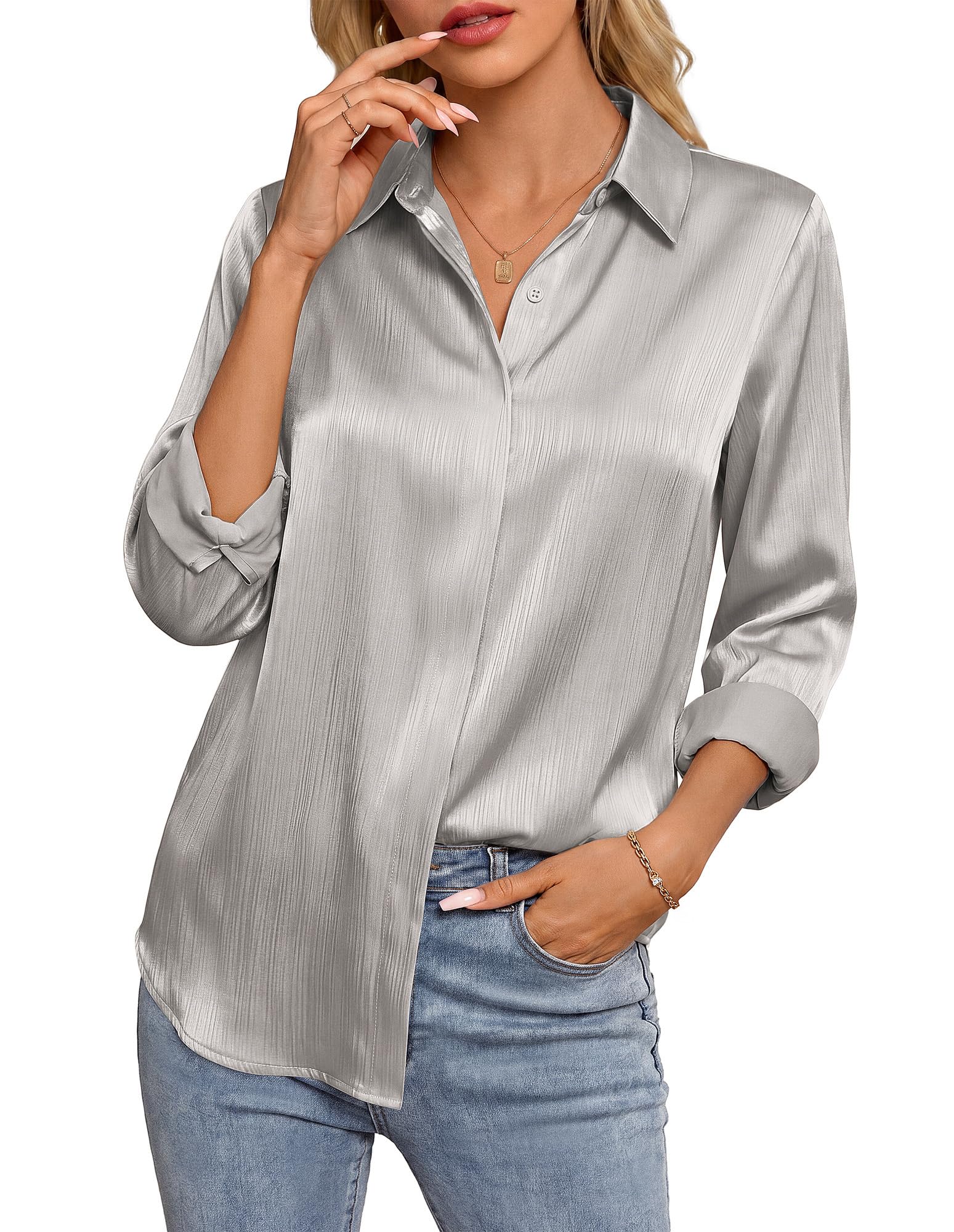 GRACE KARIN 2026 Womens Silky Satin Button Down Shirts Long Sleeve Work Blouses 